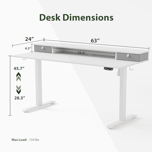 Image of Agilestic 63 x 24 Inches Electric Standing Desk with 2 Storage Drawers, Stand Up Desk Adjustable Height, Sit and Stand Computer Table with Splice Board, White