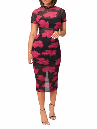 Image of Mojessy Sheer Dress for Women Sexy Short Sleeve Ruched Mesh Bodycon Dress Adjustable Strap Top Mini Skirt 3 Piece Outfits Set