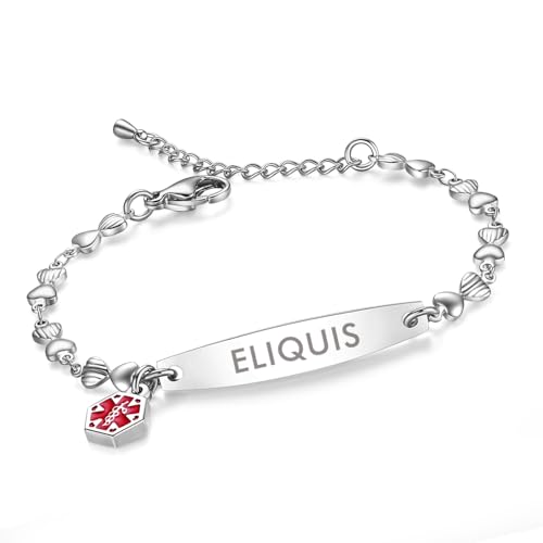 LinnaLove-Pre-engraved Simple Rolo chain Medical alert id bracelet for Women-ELIQUIS-Silver Heart chain