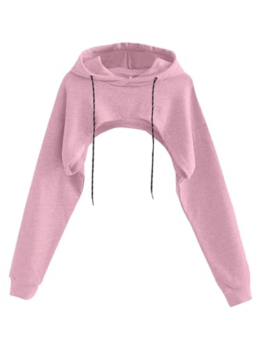 Remidoo Sudadera de manga larga con capucha y cordón para mujer, top súper corto, Rosa bebé, Large