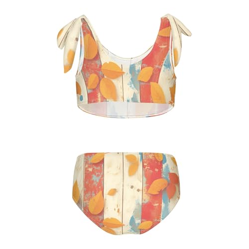 KLL Autumn Leaf on Old White Wooden Girls' Two Piece Bikini Sets Beach Bathing Suit Swimming Suits Adjustable Strap2
