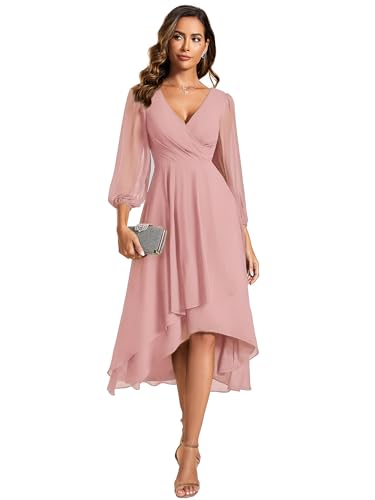 Image of Ever-Pretty Women's Chiffon V Neck Long Sleeves A-Line Midi Length Wedding Guest Dress Cocktail Party Formal Dresses 01926