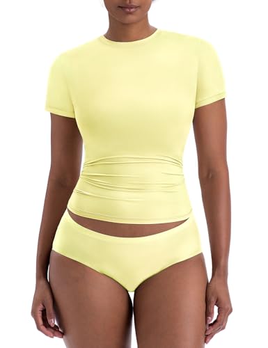 LanGui Womens Short Sleeve T Shirts - Cotton Tshirt Crew Neck Fitted Basic Tee Soft Cute Y2K Tops for Summer Trendy Going Out Yellow Medium