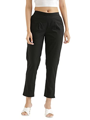 Image of SAADAA Women Cotton Pant Regular Slim Fit Mid Rise Trouser, Pocket Pants for Office School Formal Casual Daily Use