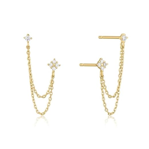 GLAHORSE 925 Sterling Silver Four Zircons Flower Stud Earrings For Women Double Studs Chain Tassel Piercing Earring 18K Gold