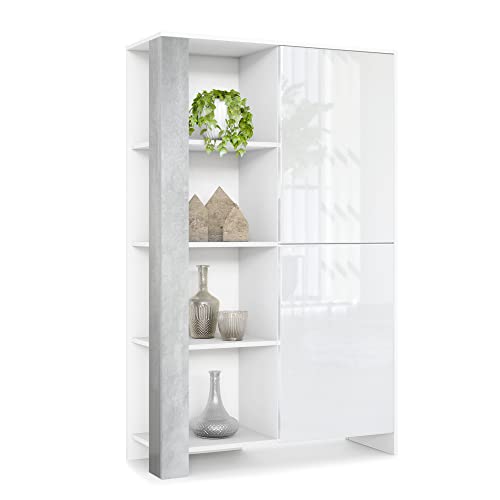 Vladon Buffet Haut Canto, Meuble Haut avec 2 Portes et 8 Compartiments, Corps Blanc Mat, façades Blanc Brillant, Panneaux décoratifs Aspect béton oxyde (95 x 151,5 x...
