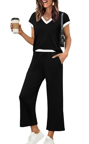 Sampeel Two Piece Sets for Women Summer Matching Sets Women Fashion Clothing Business Casual Outfits Lounge Set Airport Travel Outfit Loungewear Color Block Cap Sleeve Black L