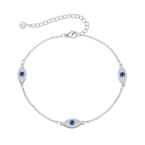 FASHGOOD Evil Eye Anklets for Women,Waterproof Simple Dainty Anklets,Shining Double -Layer Foot Chain,Non Tarnish Summer Beach Jewelry Adjustable Silver