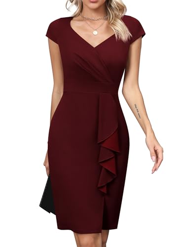Missufe Damen Elegant Abendkleid Hochzeitsgast Wickelkleid Bodycon Knielang Schlitz Business Bleistiftkleider (Weinrot, Large)