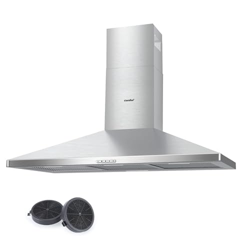 COMFEE' 90 cm Chimney Cooker Hood Class A+ Extractor Hood with LED and Recirculating & Ducting System Wall Mounted Range Hood 900 mm Extractor Fan kitchen with Carbon Filters
