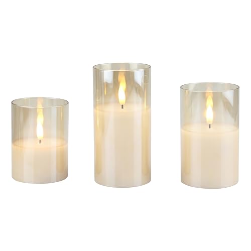 Image of Stonebriar Set of 3 LED Pillar in Amber Luster Glass Hurricane