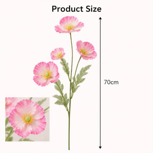 Image of CURATED CART Artificial Poppy Flowers - 2PCS 70cm Real Touch Silk Stems with 4 Blooming Heads - Pink Fake Flowers for Home Decor, Wedding Centerpieces, Table Arrangements, Party Decorations (No Vase)