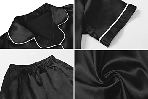 Image of Umeyda Women & Girls Pajamas Set, Soft Satin Lightweight Silk Button-Down Top with Shorts 2 Piece PJS for Mom Boys Kids Gifts