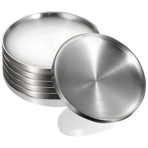 CAMBUY Stainless Steel Plates 6 Pcs 7.5 inch Metal Double Layered Dinner Plates Unbreakable Dinner Dishes Set for Kitchen Home Camping Outdoor Party BBQ (Sliver) Cover