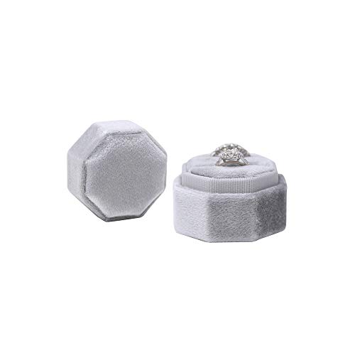 BLUTETE Velvet 2 Slots Jewelry Ring Box Engagement Wedding Box Keepsake Box Bridal Photo Ring Double Slots Octagon (Grey) - Thumbnail 6