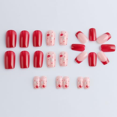 Image of Red Press on Nails Heart Fake nails French Tip Glue Glossy Full Cover Nail Press ons Short Square Stick on Nail for Women Girls Manicure 24Pcs