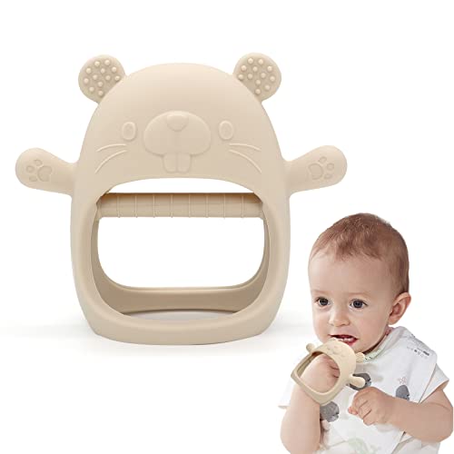 Image of PAPACHOO Baby Teething Toys, Never Drop Hand Wrist Teether, Baby Chew Toys for Sucking Needs, Food-Grade Silicone Baby Mitten Teether for Soothing Teething Pain Relief, Easy to Grip Groundhog-Beige