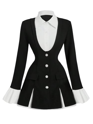 SOLY HUX Women's Ruffle Long Sleeve Suit Blazer Button Down Peplum Top 2 in 1 Work Office Jackets Black and White Medium