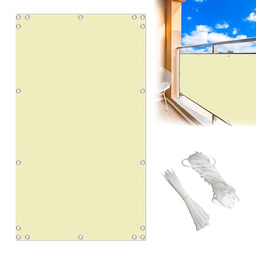 MEEYI Sichtschutz Balkon Ohne Bohren 0.5x9m, Balkon Zaunblende Sichtschutz Winddicht UV-Beständig Sichtschutz Zaun Klappbarer für Pflanzenschutz GewäChshaus, Beige