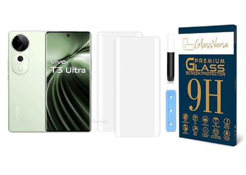 Image of GlassVerse Vivo T3 Ultra UV Tempered Glass Screen Protector. Pack Of 2 | 3D Curved Edge | 9H Hardness | Full UV Glue with UV Light | Anti-Scratch | Case Friendly | HD Clear. (6.78 Inches)