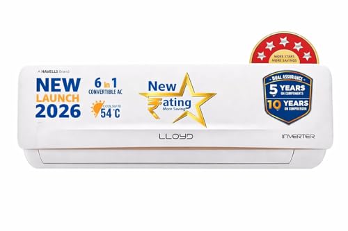 Image of Lloyd 2 Ton 5 Star Inverter Split AC, 2026 New Star Rated (6 in 1 Convertible, Cools Up To 54C, DG Mode, Ice Clean, Smart 4 Way Swing, Installation Check, White with Golden Deco Strip, GLS24I5AGCGR)