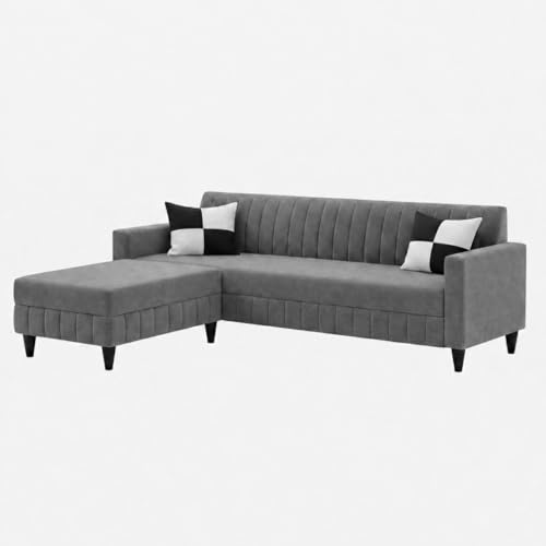 Image of FURNY Gracina 4 Seater L Shape Sofa Set with Movable Ottoman | Flexible Left or Right Layout | Plush Velvet Fabric (Dark Grey) | Perfect for Living Room, Guest Room & Office