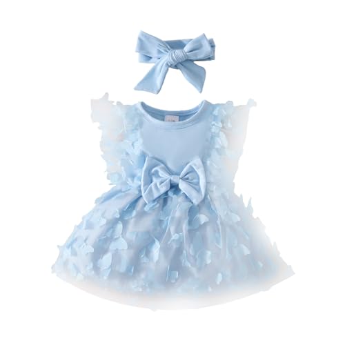 Image of QUNERY Baby Girl Clothes Flower Dress Long Sleeve Butterfly Princess Wedding Birthday Party Bowknot Dresses for Infant Girl Sleeveless Sky Blue 6-12 Months