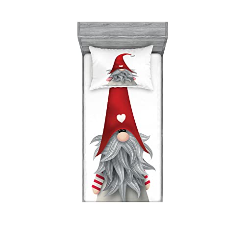 Ambesonne Gnome 2 Pack Fitted Sheet & Pillow Sham Set, Finnish Creature Folklore, 4 Pcs Bedding Decor, Package Contains 2 Twin Size Fitted Sheets & 2 Pillow Covers, Grey Ruby