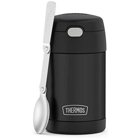 THERMOS FUNTAINER Insulated Food Jar – 16 Ounce, Matte Black – Kid Friendly Thermos Food Jar with Foldable Spoon Cover