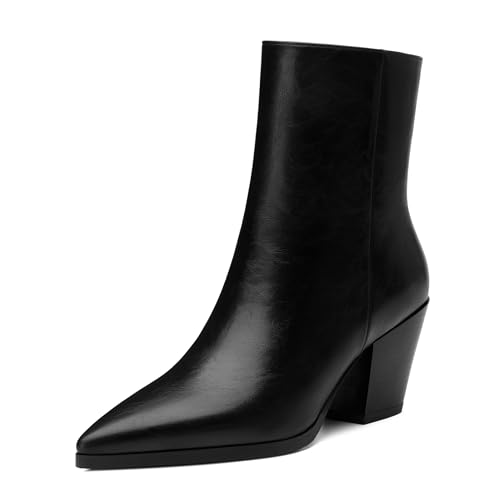 NUMALEO Womens Ankle Boots Chunky Low Heel Pointed Toe Heeled Booties Side Zipper Comfy Fall Winter Boots 2.5