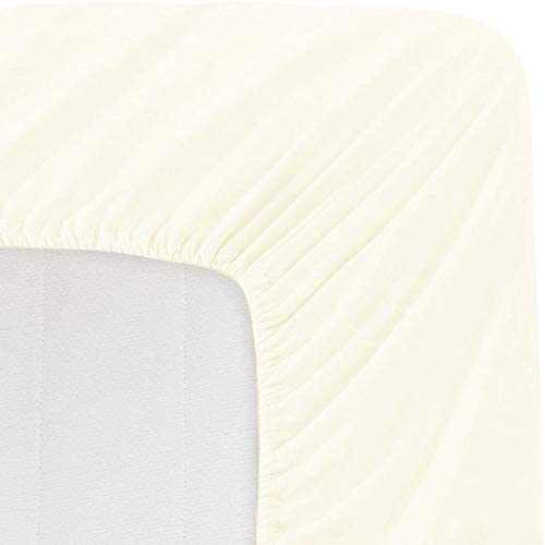100% Cotton Elastic Fitted All Around Double Size Bedsheet with 2 Pillow Cover- 200 TC Elasticated 10" Deep Pocket Fitted Bedsheet 3 PC Set-Ivory Solid