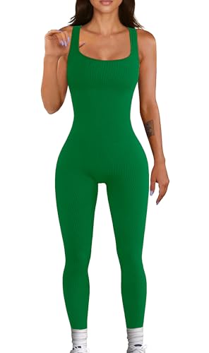 YIOIOIO Women Workout Seamless Jumpsuit Yoga Ribbed Bodycon One Piece Tank Top Leggings Romper, 12green, L