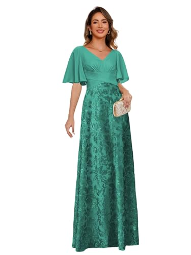 Stylefun Flutter Sleeves Long Evening Dress for Women Sequin V Neck Formal Mother of The Bride Dress CYM333