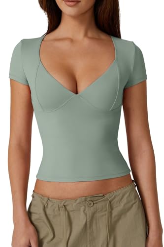 QINSEN Y2K T Shirt for Women Sweetheart Neckline Short Sleeve