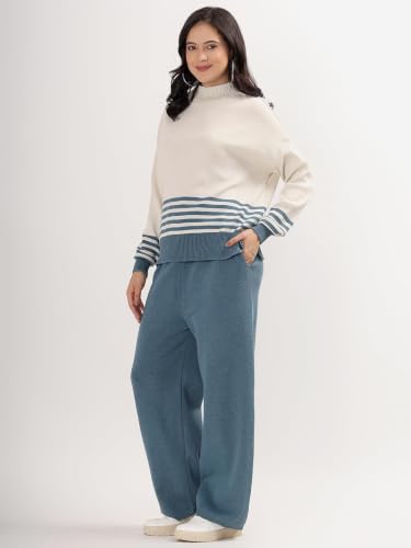 Image of Kvetoo Women Winter Coord Set Wool Blend Tracksuit High Neck Sweater and Wide Leg Pants Warm Knitwear Pyjama Set for Casual Office Travel Wear