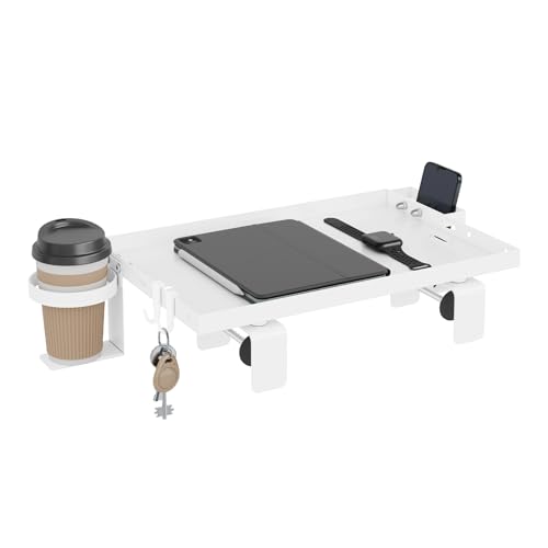 WOLTU Table de Chevet Suspendue, Tablette Tête de Lit Mezzanine en Acier, avec Guide-câbles, Porte-gobelet et Support Téléphone Portable, pour Bord de Lit,...