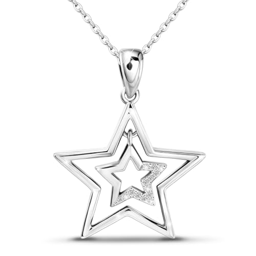 Star Necklace for Women Girls Teens - Sterling Silver Double Star Pendant Necklace Hypoallergenic Cubic Zirconia Hollow Necklace Adjustable Stars Charm Necklace Gifts for Christmas Birthday