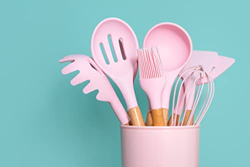 14 Piece Silicone Cooking Utensils Set. Essential Kitchen Tools. Non Stick, Heat Resistant, Durable And Non-Toxic Silicone Cookware With Natural Wooden Handles And Square Holder (Pink) #TOP3