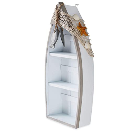 Image of Morning View 2-Shelf Wood Boat Shelf, Nautical Decor with Fishing Net, Starfish, Seashells - Wall Mount or Tabletop Display - Beach Themed Home Decor, White, 6.7x3x16.5 Inch