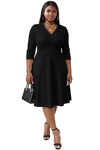 Image of FANDEE Plus Size Midi Dress for Women - Printing Summer Dresses for Wedding Guest Cocktail Party 3 /4 Sleeve V Neck(L-5XL)