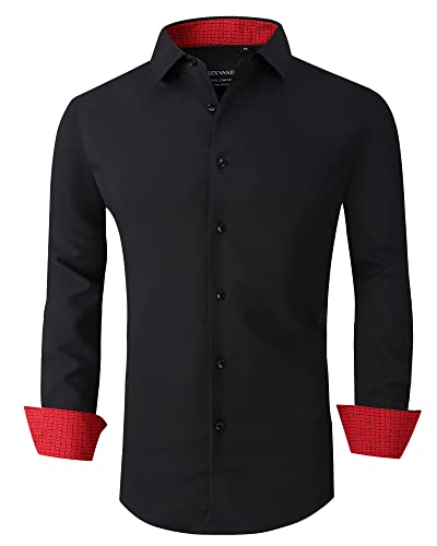 Alex Vando Dress Shirts For Men Long Sleeve 4-Way Stretch Wrinkle Free Button Down Performance Mens Shirt,Black,L #TOP30