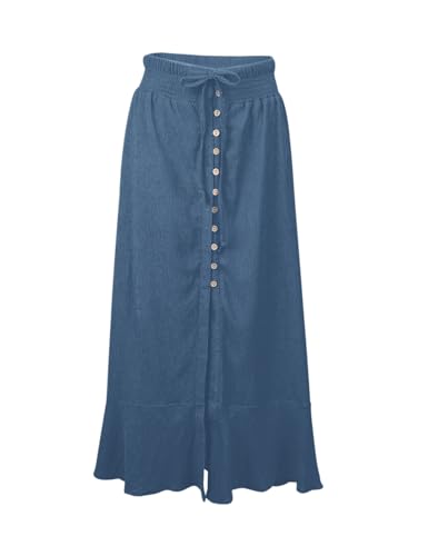 Image of Minclouse Women's Elastic Tie Waist Button Down Maxi Skirts Casual Loose Flowy Swing Slit Front Dress