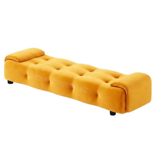 Image of Home Lifestlez Monel 2 Seater Tufted Ottoman Bench | Velvet Upholstered | Seating Bench Window Bench Footrest Stool End of Bed Bench Living Room Furniture | Comfortable & Stylish - Yellow