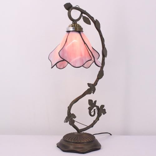Image of WERFACTORY Tiffany Lamp Pink Stained Glass Table Desk Reading Light 21 Inch