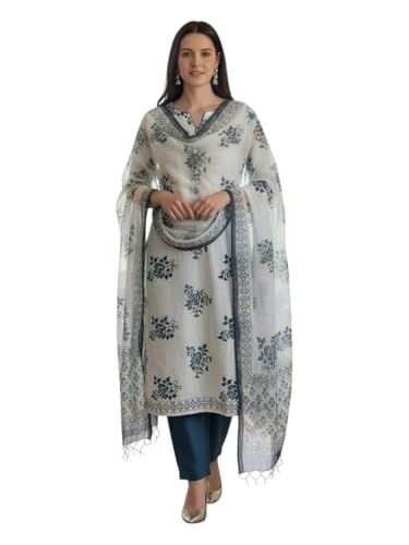 Image of Eddika Women's Bagru Hand Block Printed Pure Cotton Unstitched Suit Material with Kota Doria Dupatta | Traditional Ethnic Dress Material for Kurta, Salwar & Palazzo Set