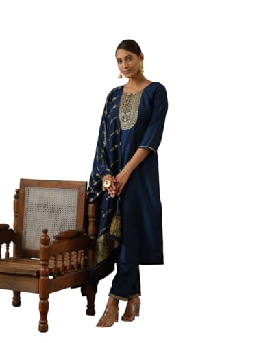 Image of Kaari Women's Embroidered Kurta Set with Pant & Dupatta | Ethnic Kurta Set for Women | Straight Fit | Round Neck | Festive, Wedding, Ceremony