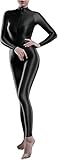 Xinxin Woman's Sheer Shiny Bodystocking Lingerie High Neck Long Sleeve Zipper Crotch Bodysuit Catsuit (Black), Medium