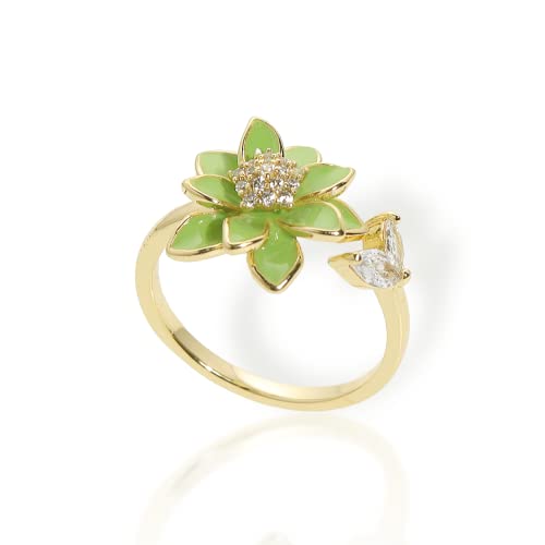 Sonateomber Green Daisy Flower Adjustable Gold Ring for Women - Trendy Statement Unique Cubic Zirconia Enamel Lotus Front Open Floral Leaf Mother day Jewelry Gift