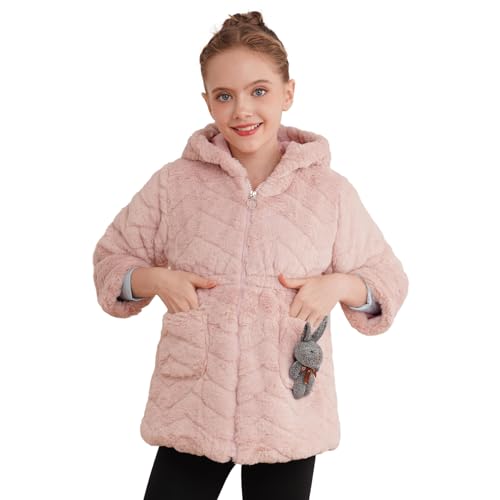 JanJean Toddler Girls Faux Fur Fleece Hooded Jacket Winter Thick Warm Zip-up Coat Outwear Full Winter with Rabbit Doll