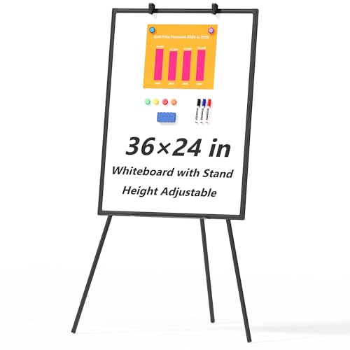 Image of Large Whiteboard Easel with Stand, 36 inch x 24 inch Portable Standing Magnetic Dry Erase White Board, 3' x 2' Tripod Height Adjustable Flip Chart Easel for Home Office Classroom School, Black